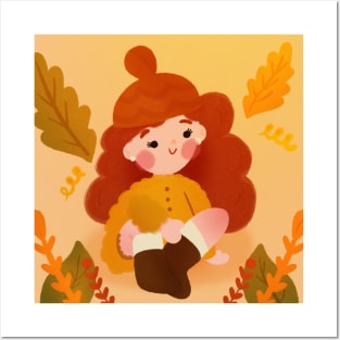 Cozy Fall Vibes - Kawaii Red-Haired Girl with Cute Leaves Art Posters and Art